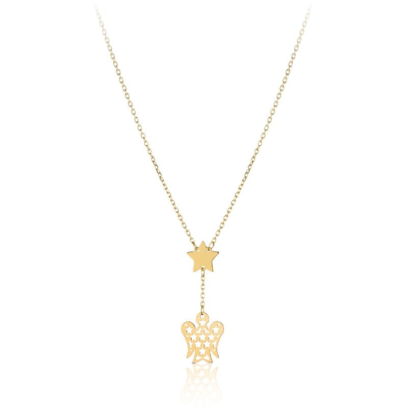 Collana Donna Oro Giallo 9 KT Stella Angelo Traforato Pendente NKT281